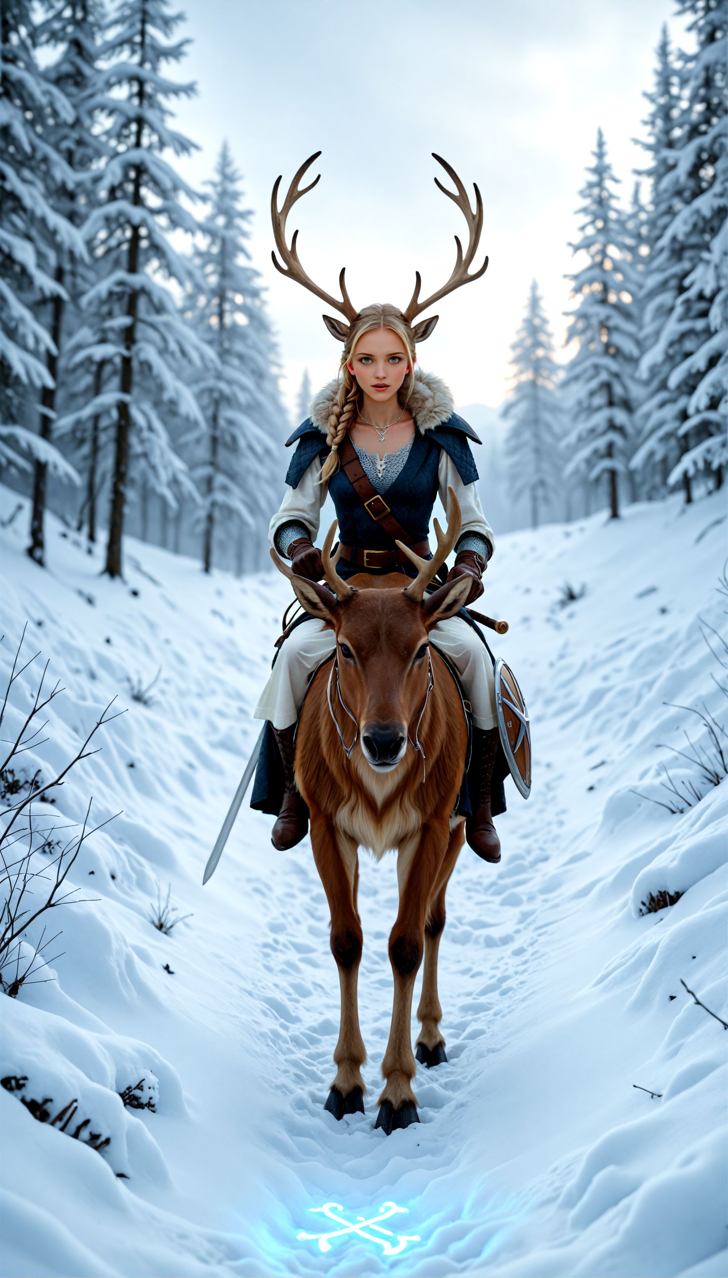 (photo realism, pr3tty_h4lluc1nat10ns),  <lora:NordicByNatureILL:0.8> nordicbynature,  Stjarna_Dogg, (dynamic action pose:1.2), cleavage, (golden blonde, glade, elk, runes, helm), In a white linen shift under a sky-blue overdress, her braided hair twisted into a halo over her rune-etched helm, chainmail shirt, fur-lined riding boots, leather gloves, riding a white elk along a forest path through winter light, shield and sword at her side, snow swirling as glowing runes pulse under elk’s hooves, bone jewelry glittering at her throat, ravens flying ahead, a distant longship at the edge of the fjord, townsfolk gathered at carved totems, witnessing a goddess’s passage.