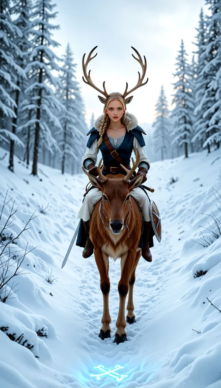 (photo realism, pr3tty_h4lluc1nat10ns),  <lora:NordicByNatureILL:0.8> nordicbynature,  Stjarna_Dogg, (dynamic action pose:1.2), cleavage, (golden blonde, glade, elk, runes, helm), In a white linen shift under a sky-blue overdress, her braided hair twisted into a halo over her rune-etched helm, chainmail shirt, fur-lined riding boots, leather gloves, riding a white elk along a forest path through winter light, shield and sword at her side, snow swirling as glowing runes pulse under elk’s hooves, bone jewelry glittering at her throat, ravens flying ahead, a distant longship at the edge of the fjord, townsfolk gathered at carved totems, witnessing a goddess’s passage.