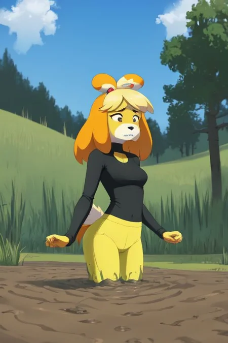 isabelle \(animal crossing\), (masterpiece, best quality:1.15), 1girl, solo, large breasts, high cheekbones, thick eyebrows, small mouth, looking to the side, leaning forward, adjusting clothes, tight leggings, green crop top shirt, starry nights, long hair, twin short braids, scared, partially submerged, struggling, farmland bog, quicksand, worried, sinking
