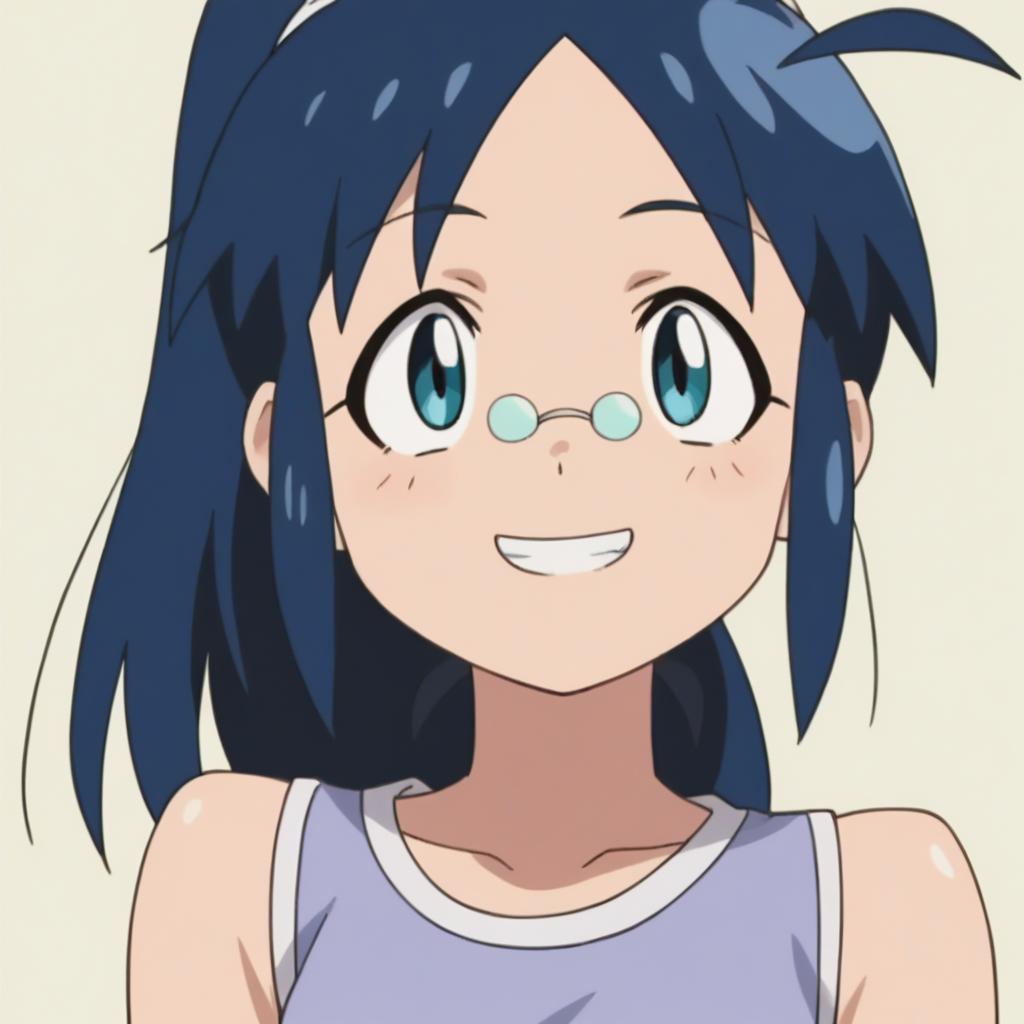 score_9, score_8_up, score_7_up, score_6_up, score_5_up, score_4_up, simple background, anime screencap,  anime coloring, source_anime, animification,   <lora:Aki_Hinata:0.8> , akihin, 1girl, tank top, blue eyes, blue hair, smile, teeth, hair tie, ponytail, long hair, looking at viewer, light smile, rimless eyewear,