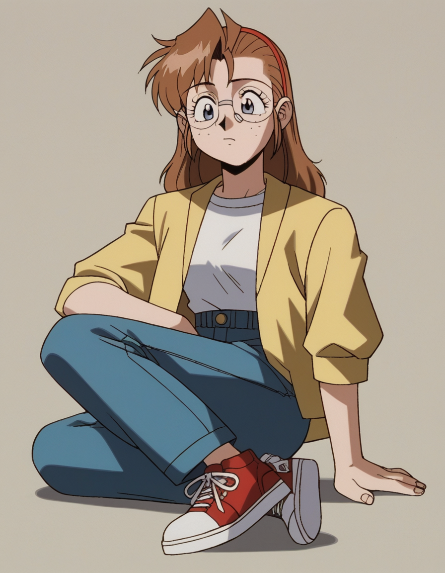 zPDXL, score_9, score_8_up, score_7_up, source_anime, 8k, absurdres, 1990s \(style\), retro artstyle, anime coloring, 
1girl, solo, <lora:Gunsmith_v3-20:1> gnsmth, becky, round eyewear, freckles, grey eyes, brown hair, long hair, yellow jacket, sleeves rolled up, blue pants, sneakers, white shirt,