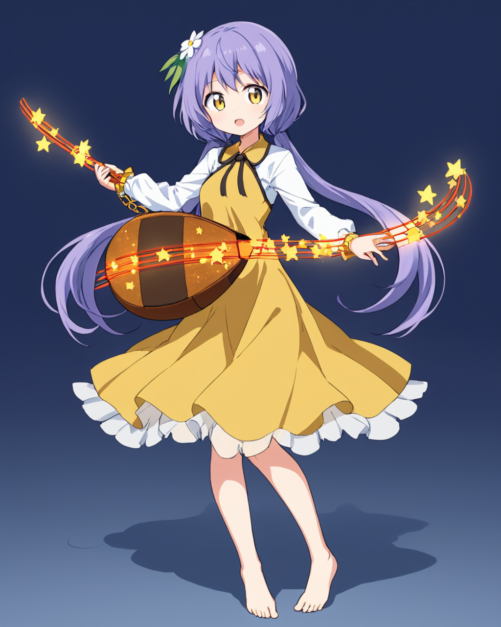 tsukumo benben,1girl, lute_\(instrument\), barefoot, biwa_lute, playing_instrument, solo, >_<, open_mouth, twintails, hair_flower, long_sleeves, brown_dress, full_body, yellow_dress
<lora:tsukumo_benben_image916_2023-12-20-000015:1>,star-shaped_pupils,symbol-shaped_pupils,. gorgeous,key visual, vibrant, studio anime,award-winning, professional, highly detailed,high budget, cinemascope