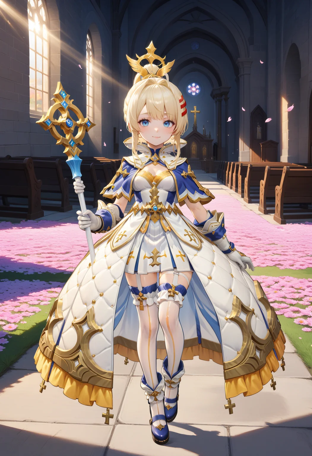 masterpiece, best quality, very aesthetic, absurdres, rom_saint_xl,
1girl, blonde hair, ponytail, hair ornament, blue eyes, light smile,
standing, full body, looking at viewer, holding staff, church, flower field, sunrise, falling petals, light rays, tyndall effect, vivid colors, tranquil and magical atmosphere,
shiny skin, beautiful face, beautiful eyes, extreme detailed, official art, professional illustration, hires,
<lora:rom_saint_pony_xl:1>, <lora:aesthetic_anime_v1s:0.5>, <lora:add_details_xl:0.5>