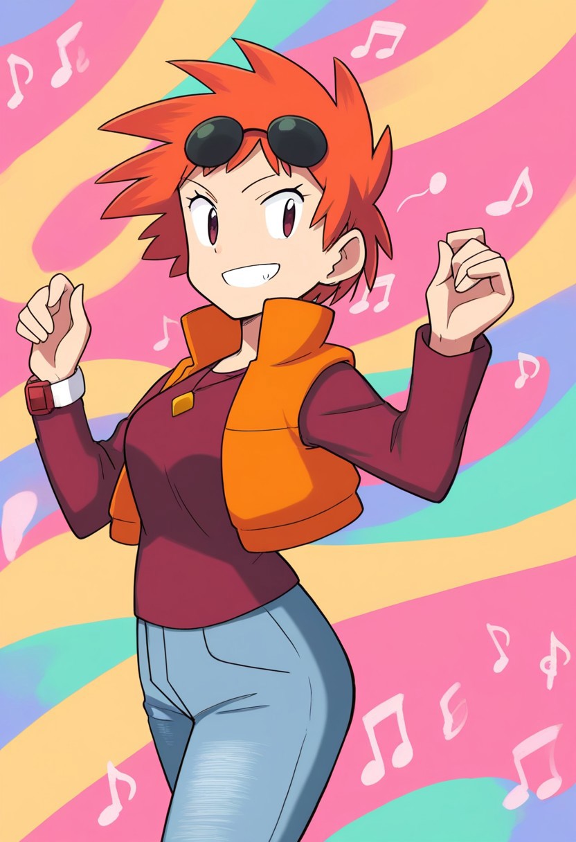2d, masterpiece, best quality, amazing quality, highres, absurdres, newest, 1girl, solo, cowboy shot, looking at viewer, multicolored background, simple background, colorful background, music, musical notes, medium breasts, pkzoey, orange hair, short hair, spiked hair, bangs, necklace, eyewear on head, sunglasses, red shirt, long sleeves, bracelet, orange vest, jeans, denim, w arms,