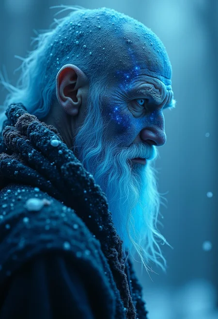 A symmetric portrait of a male, evil frozen necromancer, features dissolving into frozen magic thin, luminescent blue lines. Weighted Voronoi stippling and laser caustics create a network, transitioning from hyperrealistic detail to abstract, quantum-inspired forms. Ethereal hues blend, evoking existential transition and mystery. Close-up on face, evil skull partially visible. Set against a twilight arctic backdrop, icy winds ripple through his tattered robes. Rendered in a fusion of photorealism and digital surrealism, the scene is illuminated by ghostly Northern Lights. Emphasis on cold, menacing atmosphere, invoking Nordic myths
