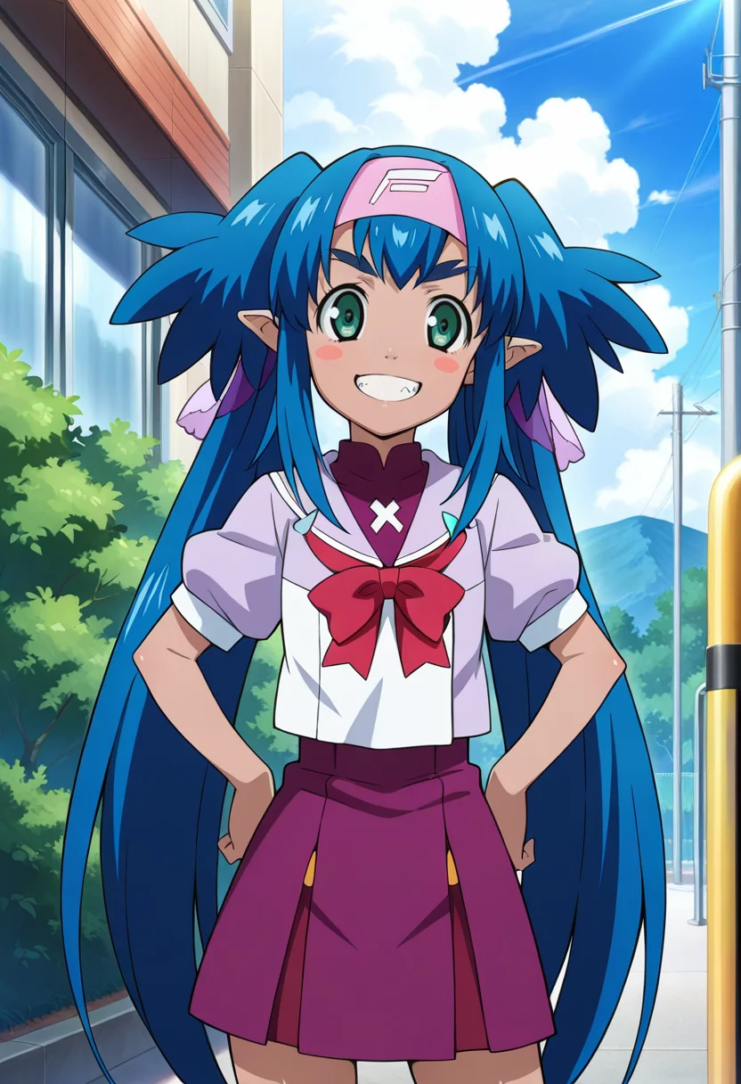 school, outdoor, day,
BREAK,
hands on hips, grin, blush stickers,
cowboy shot, dynamic angle,
BREAK,
<lora:_illustriousXL_v01:0.9>
klanrnd, klanmihoshi, pointy ears, dark skinned female, blue hair, green eyes, pink bandana, twintails, very long hair, hair ornament,
purple shirt, short sleeves, purple skirt, school uniform, red ribbon,, source_anime, very aesthetic, anime coloring, masterpiece,
best quality, amazing quality, ultra detailed, very aesthetic,
detailed background,
BREAK,