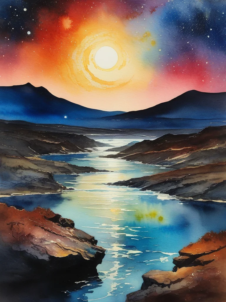 <lora:09WatercolorPainting_Hap_XL:1.6>,Winslow Homer style, watercolor painting, watercolor, oil painting,watercolor oil painting, masterpiece, An oil painting of an alien planet, Van Gogh, galaxy in background, vibrant colors, best quality, highly detailed