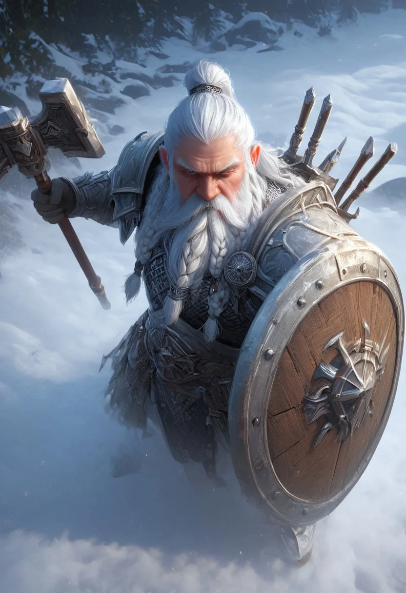 realistic, photorealistic, Expressiveh, score_9, score_8_up, score_7_up, ((hammer)) and shield,
1boy, solo, Dwarf, short stature, white hair, braided beard, old, big nose, determined look, angry, (wielding a (warhammer)), ((anvil symbol on the shield)),
source_anime, in the fog, silhouette, mountain outcrop, blizzard, medieval, feudal,
from above,