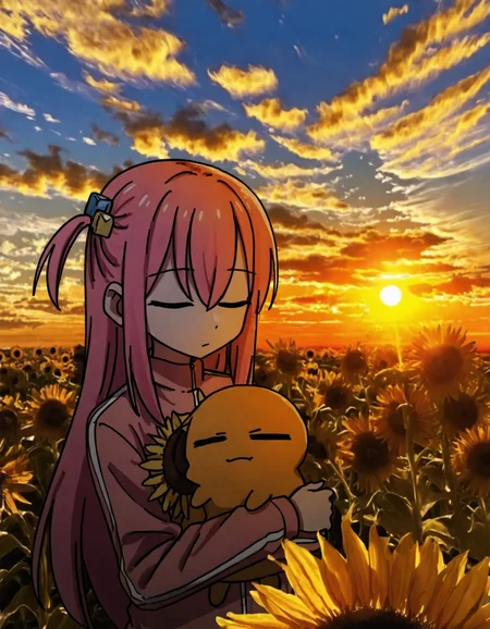 1girl, solo, long hair, long sleeves, hair ornament, holding, closed mouth, jacket, closed eyes, pink hair, flower, outdoors, sky, cloud, one side up, track jacket, sunset, yellow flower, pink jacket, sunflower, sun, holding animal, cube hair ornament, sunrise, gotoh hitori <lora:photo_background:1>