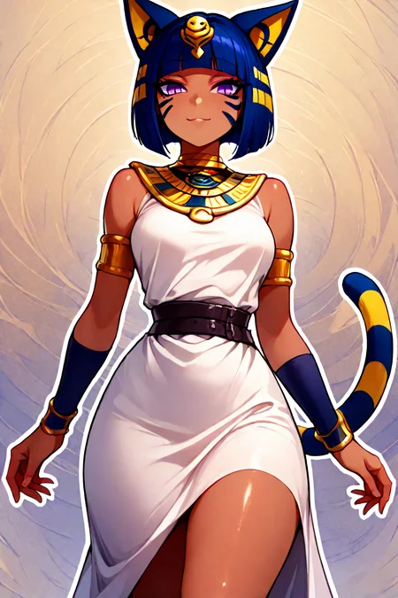 masterpiece, best quality, absurdres, medium breasts, (curvy), cute, eyelashes, vivid colors, BREAK, ,,, , ,,, zzAnkha, animal crossing, animal ears, armlet, bare shoulders, belt, blonde hair, blue hair, blunt bangs, blunt ends, bob cut, cat ears, cat girl, cat tail, cropped, daniel deng, dark skin, dress, eye of horus, eyelashes, eyes visible through hair, facial tattoo, humanization, purple eyes, shiny skin, short hair, slit pupils, tattoo, usekh collar, white dress , <lora:AnkhaIXL:1.0>, ,,, , ,,, smile, looking at viewer, cowboy shot, ,,, abstract background, white outline, <lora:CatalystIXL:0.8>,