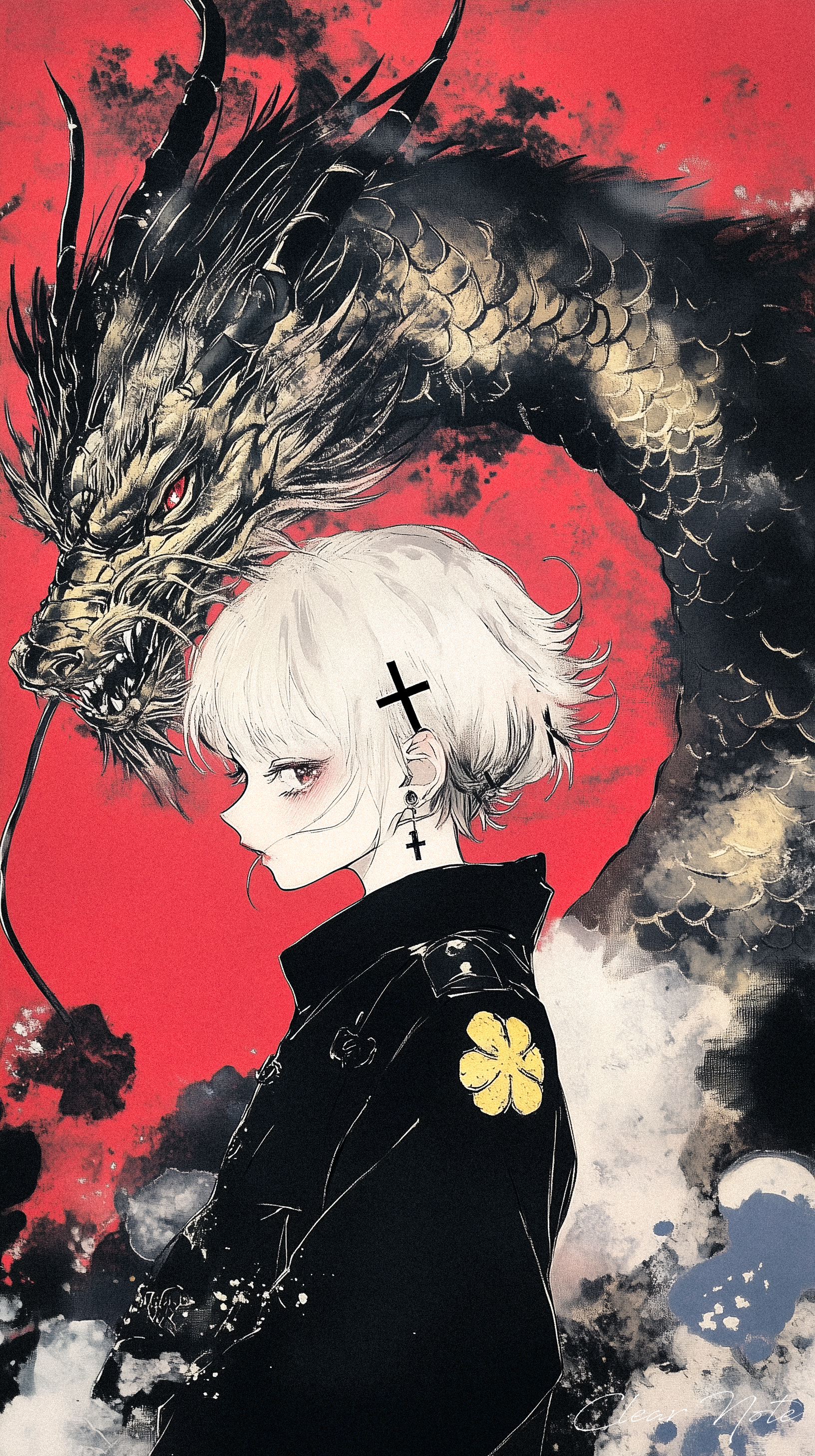 Japanese anime art style, Ukiyo-e, A solitary girl with short pink hair stands confidently against a bold red background. A black cross is etched on her cheek, adorned with cross earrings and additional piercings. Her black military uniform features yellow flower embroidery, and black gloves complete her look. Her sharp gaze and scarred face reflect strength and resilience. Behind her looms a massive, mythical Japanese dragon, its towering presence casting a powerful shadow. The fusion of modern military style and ancient mysticism creates an intense atmosphere of fierce elegance and otherworldly power.