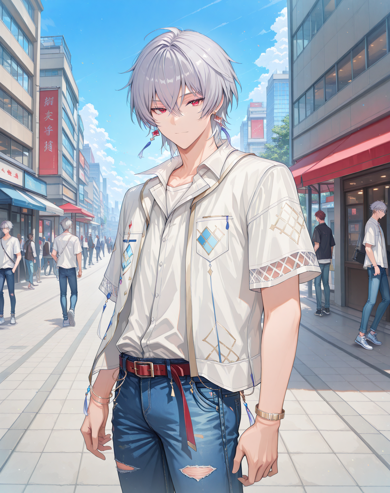 masterpiece, best quality, absurdres, very aesthetic,
1boy, solo, yaoi, male focus,
looking at viewer, cowboy shot, standing,
<lora:AsinT_Summer_ilxl:1> asintsummer, red eyes, short hair, grey hair, hair between eyes,
white shirt, jeans, sneakers,
outdoors, day, blue sky, building, people,