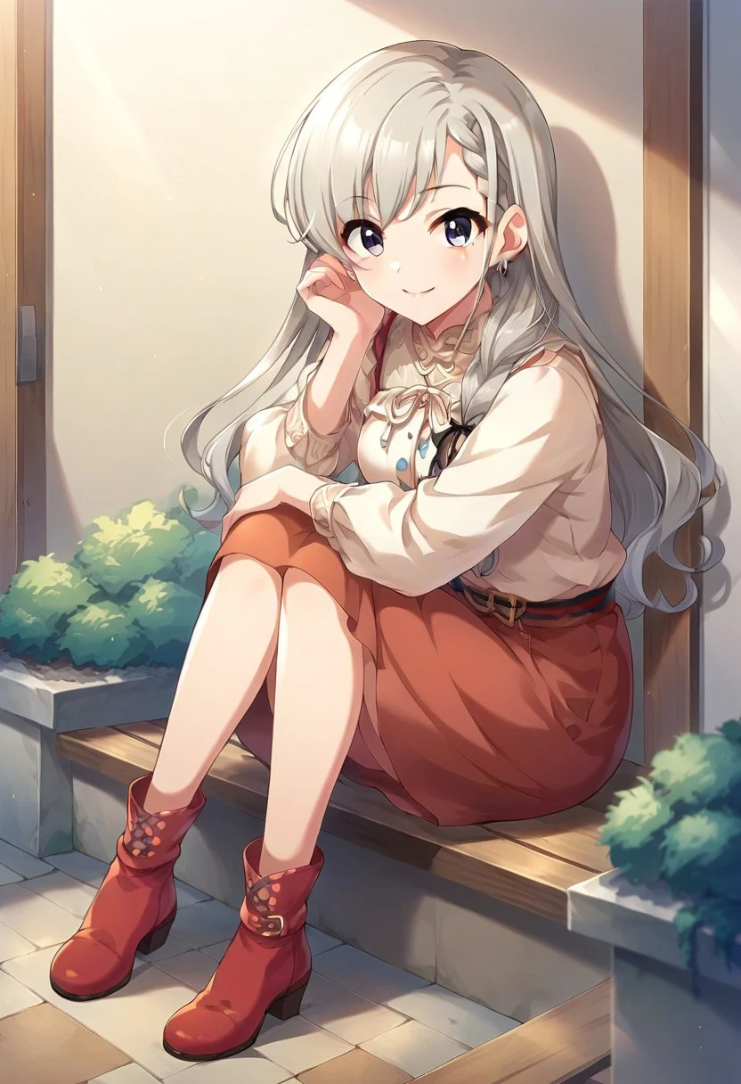 score_9, score_8_up, score_7_up, source_anime,hisakawa hayate, braid, grey hair, long hair, blue eyes, 1girl, solo, looking at viewer, smile, sitting, jewelry, red footwear, earrings, braided bangs, bangs