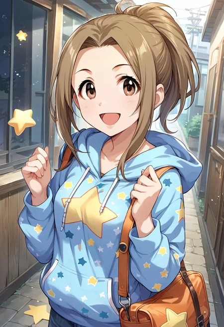 score_9, score_8_up, score_7_up, source_anime, manabe itsuki, brown hair, brown eyes, ponytail, 1girl, solo, bag, open mouth, smile, hood, hoodie, :d, star print, looking at viewer
