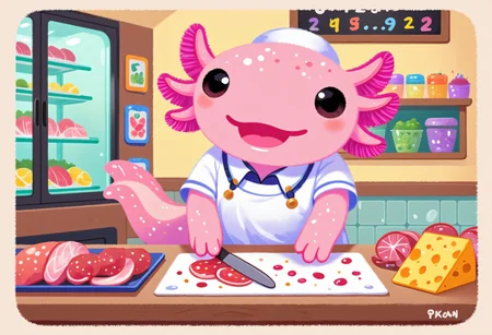 pikaole of, axolotl deli worker, in a deli, slicing meats and cheeses, wearing a deli apron and cap, glass display case with cold cuts and salads, the axolotls have pink frilly gills and round black eyes