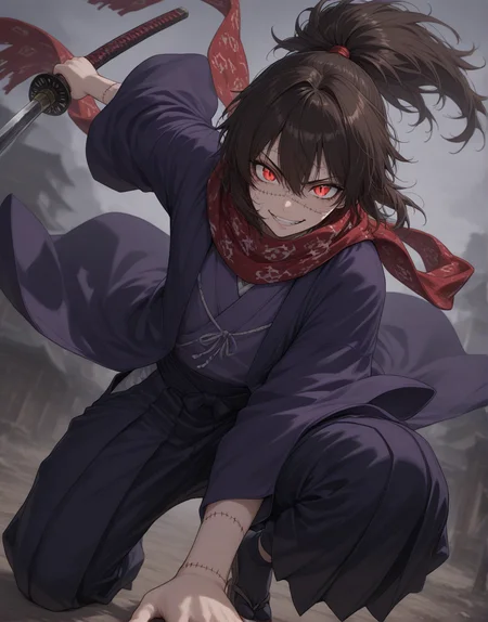masterpiece, best quality,high quality, newest, highres,8K,HDR,absurdres, 1boy, androgynous, solo, ponytail, long dark brown hair, glowing red eyes, slit pupils, evil smile expression, black and red checker patterned scarf, purple kimono, haori, hakama pants, katana, samurai fantasy battlefield, stormy sky, dynamic pose, intense lighting, detailed background, depth of field, dynamic composition, foreshortening, detailed background, dynamic pose, dynamic composition,dutch angle, detailed backgroud,foreshortening,blurry edges, <lora:ya_stitched_scars:1> ya_stitches,