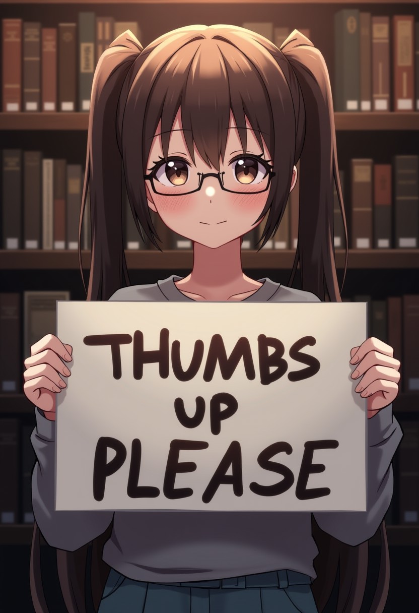 1girl, anime girl holding a sign with text "Thumbs Up Please", solo, long hair, expressive eyes, dark eyeshadow, detailed skin,
detailed face, perfect face, closed eyes, twintails, smile, brown hair, glasses, casual clothes, library,
illustration, perfect composition, dramatic lighting, film grain, highly dramatic background, cinematic film still,
very aesthetic, (intricate details, (incredibly detailed), high detail, ultra-detailed), (hyperdetailed), (soft focus:1.1),
absurdres, (hires textures), (4k), (masterpiece, best quality)