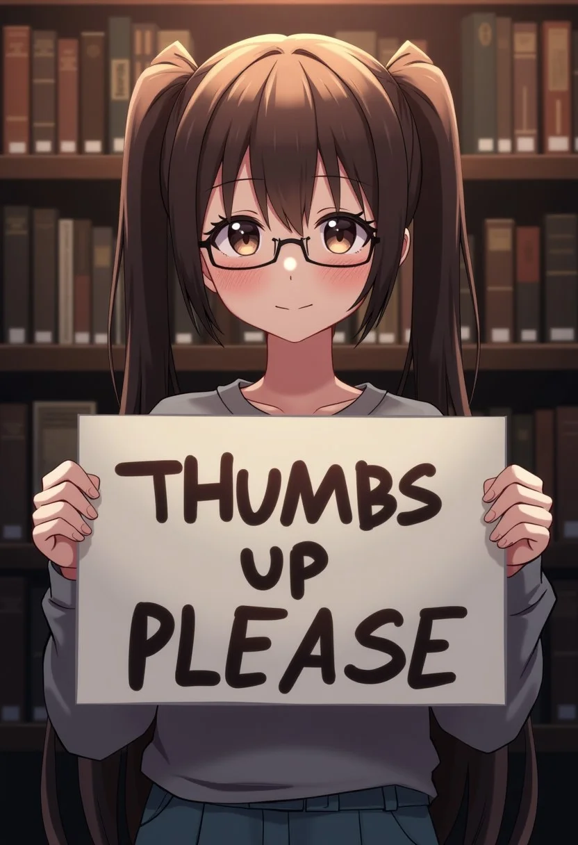 1girl, anime girl holding a sign with text "Thumbs Up Please", solo, long hair, expressive eyes, dark eyeshadow, detailed skin,
detailed face, perfect face, closed eyes, twintails, smile, brown hair, glasses, casual clothes, library,
illustration, perfect composition, dramatic lighting, film grain, highly dramatic background, cinematic film still,
very aesthetic, (intricate details, (incredibly detailed), high detail, ultra-detailed), (hyperdetailed), (soft focus:1.1),
absurdres, (hires textures), (4k), (masterpiece, best quality)