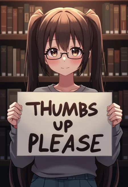 1girl, anime girl holding a sign with text "Thumbs Up Please", solo, long hair, expressive eyes, dark eyeshadow, detailed skin,
detailed face, perfect face, closed eyes, twintails, smile, brown hair, glasses, casual clothes, library,
illustration, perfect composition, dramatic lighting, film grain, highly dramatic background, cinematic film still,
very aesthetic, (intricate details, (incredibly detailed), high detail, ultra-detailed), (hyperdetailed), (soft focus:1.1),
absurdres, (hires textures), (4k), (masterpiece, best quality)