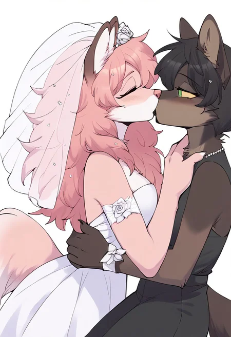 score_9, score_8_up, score_7_up, score_6_up 2girls, n1ghtfur, black hair, black lipstick, lipstick, green eyes, furry, furry female, brown fur, black fur, two-tone fur, short hair, dog ears, dog tail, yellow sclera p1nkfurr, pink hair, pink fur, white fur, two-tone fur, furry female, furry, pink eyes, long hair, dog ears, dog tail, posing, breasts, wedding dress, marriage, lesbian, kissing, closed eyes, holding partner