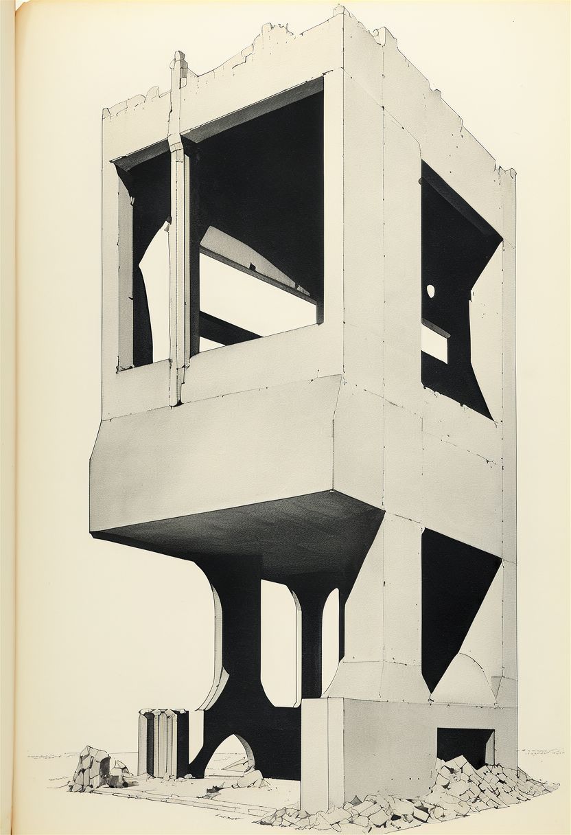 machine drawing, night stand (BRUTALISM, SHEET steel, dynamic spacing, imbalanced support STRUCTURE, angular GEOMETRY, gothic, art deco, RUINS, blast hole, SPLIT MIDDLE)