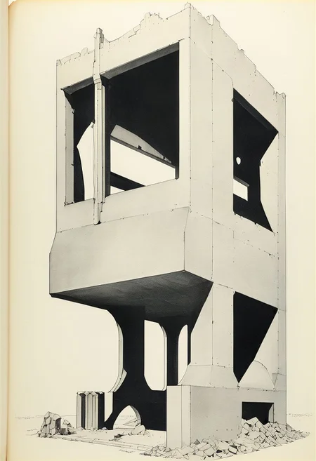 machine drawing, night stand (BRUTALISM, SHEET steel, dynamic spacing, imbalanced support STRUCTURE, angular GEOMETRY, gothic, art deco, RUINS, blast hole, SPLIT MIDDLE)
