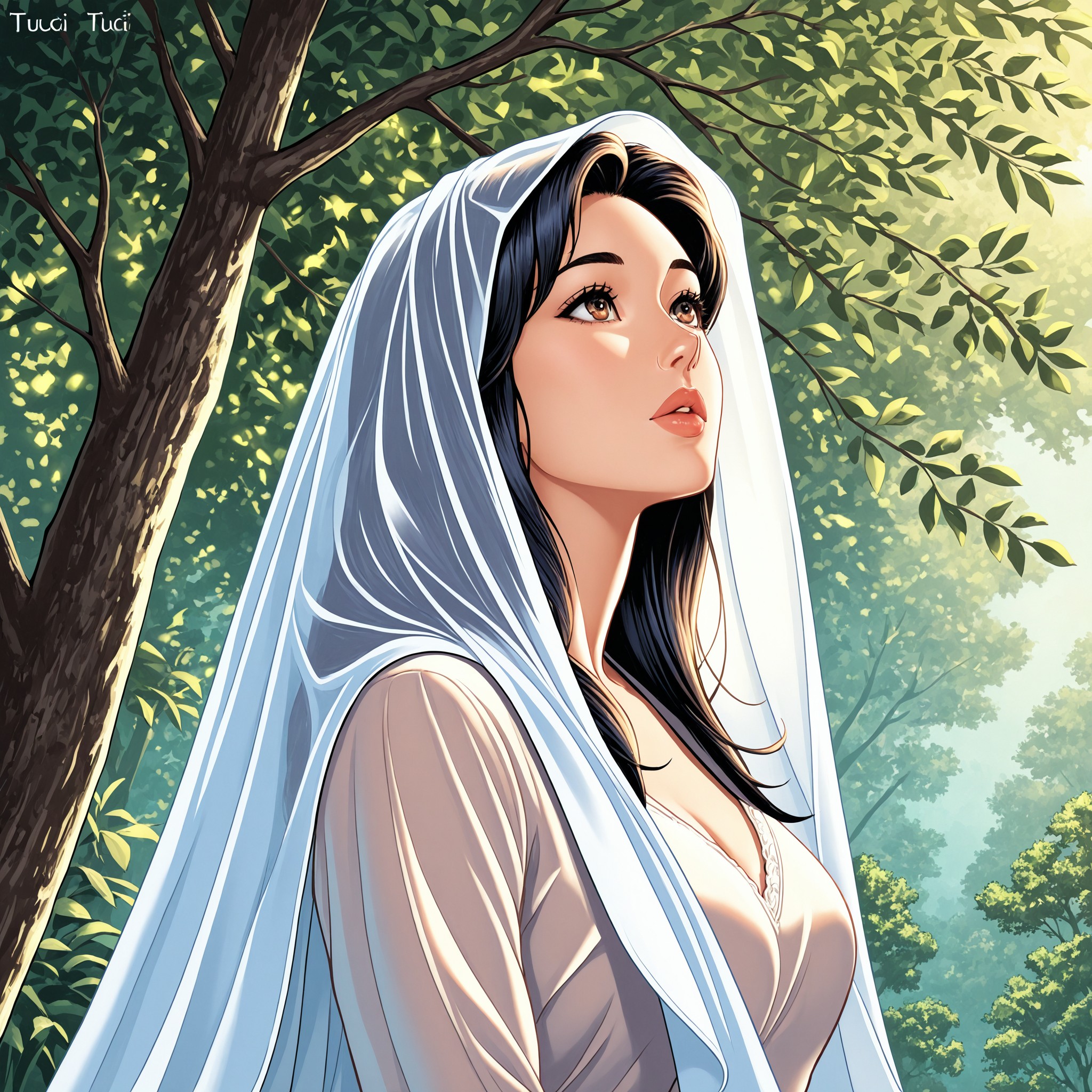 Tucci Style, solo, tree, veil, looking up, 1girl, brown eyes, black hair, upper body, outdoors, long sleeves, lips, nature,very aesthetic, newest, best quality, masterpiece, <lora:74e36c90-7209-48c3-86d2-75d98e7e5702:0.7>