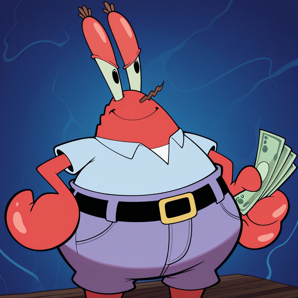 1boy, male, solo, Mr_Krabs, red body, red skin, shiny skin, claws, triangular shaped body, chubby,  eyestalks, brown eye lashes, big pupils, black pupils, stubby legs, blue collared shirt, white undershirt, bluish purple jeans, black belt, yellow belt buckle, masterpiece, best quality, amazing quality, very aesthetic, absurdres, newest, high quality, abstract background, perfect lighting, volumetric lighting, half lidded eyes, smug, holding money