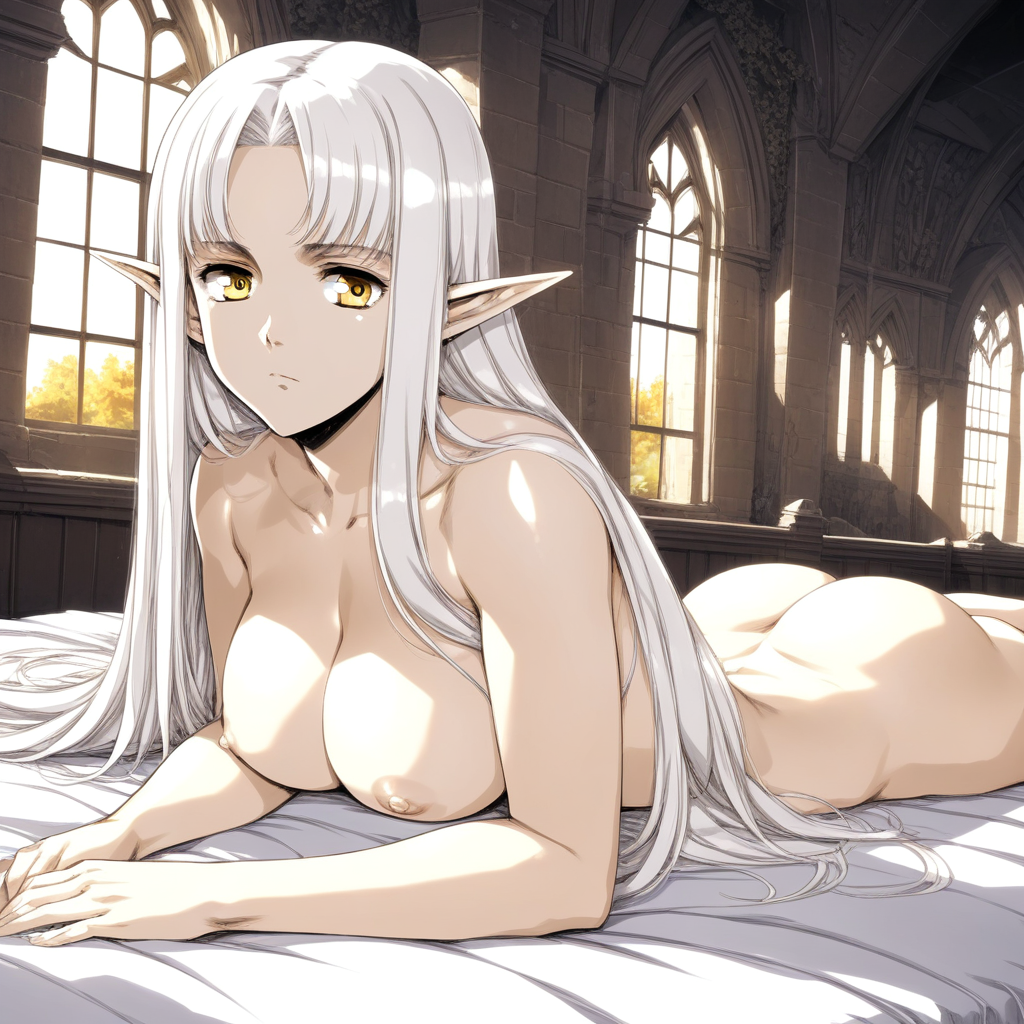 r3tr0styl3 1990s_(style),artist style: urushihara satoshi,1980s_(style), score_9, score_8_up, score_7_up, score_6_up, perspective, large breasts, completely nude,bedroom, on bed, lying, forehead, nipples, on stomach, large ass, Pirotess,1girl,elf,long hair,white hair, yellow eyes,dark skin, zettai ryouiki, bangs, expressionless, record of lodoss war, cowboy shot, gothic architecture, window, looking at viewer, castle, <lora:PirotessXLpony001:0.75>,
