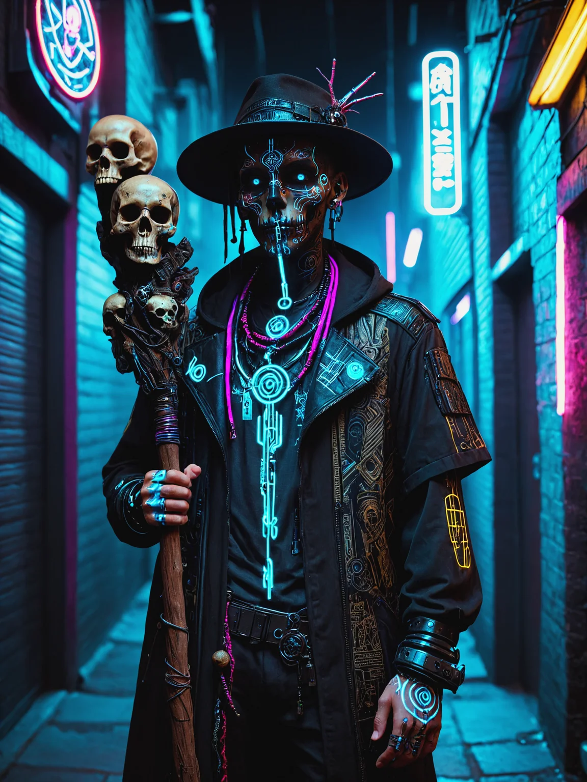 man, cyberpunk, dark alley way, face paint, staff, skulls, hat, mad-vdprst , night, neon light  <lora:Neon_Cyberpunk_Voodoo_Mage_SDXL:1>, (masterpiece:1.2), best quality