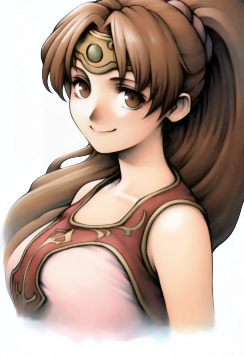 masterpiece, best quality, solo, 1girl, smile, looking at viewer, <lora:FF7-Portraits-illus_Fp:1>, simple background, portrait, white background, <lora:Linde-illus_Fp:1>, lindefe1, brown hair, brown eyes, ponytail, circlet, pink dress, very long hair,
