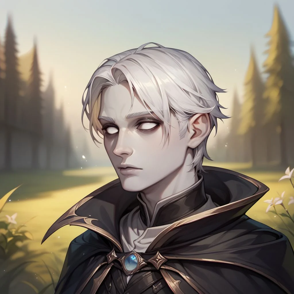 (((beautiful, high quality))), upper body, score_9, score_8_up, score_7_up, solo,
Changeling, gray skin, white eyes, white hair, dark eyelids, 1boy, cape,
Outdoor, fantasy background, nature, blurred background,
