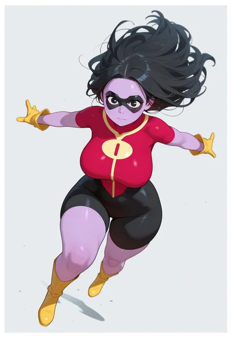 1girl, female focus, cute, rOliver_Grayson, Purple Skin, Colored Skin, Black Hair, long hair,Black Eyes, Domino Mask, Superhero Costume, Yellow Gloves, Yellow Boots, levitating, simple background, graphic border, cinematic, intricately detailed illustration, depth of field, masterpiece, best quality, amazing quality, very aesthetic, absurdres, newest, very awa, shadow, dynamic angle, casual cosplay, dynamic pose, action pose, thick thighs, wide hips, curvy, large breasts, saggy breasts,