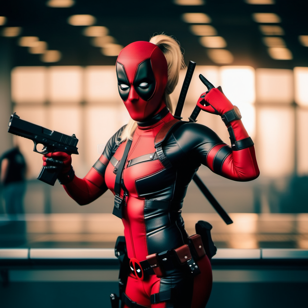 cinematic photo full body portrait lady deadpool, blond hair, ponytail, mask, body suit, aims guns <lora:LDP1024:0.8> . 35mm photograph, film, bokeh, professional, 4k, highly detailed