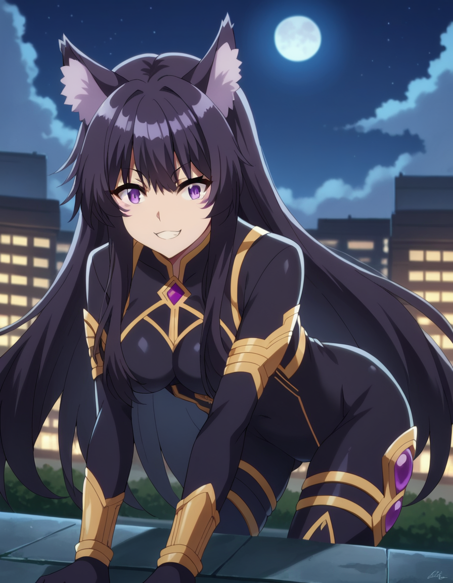score_9, score_8_up, score_7_up, source_anime,
shadowdelta, <lora:shadow-delta-ponyxl-lora-nochekaiser:1>,
delta, long hair, black hair, animal ears, purple eyes, cat ears, animal ear fluff, facial mark, smile,
bodysuit, black bodysuit,
outdoors, cityscape, night, moon, bent over,
looking at viewer, cowboy shot, dutch angle,