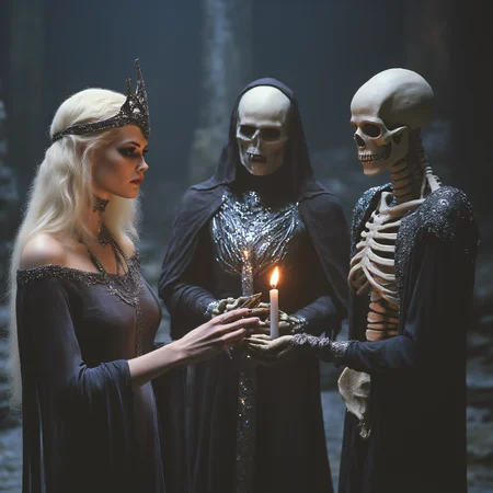 ArsMovieStill, 80s Fantasy Movie Still, The image shows three people dressed up as skeletons standing in a dark and eerie setting. The person on the left is a blonde woman with long hair wearing a black dress and a headpiece with a crown on her head. She is holding a lit candle in her hands and appears to be looking at the other two people. The two people in the middle are wearing black robes with silver accents and headpieces with skulls on their heads. The background is dark and ominous with a hint of smoke and flames. The overall mood of the image is eerie and mysterious., blonde hair, candle, skeleton, 1girl, long hair, jewelry, dress, multiple boys, holding, skull