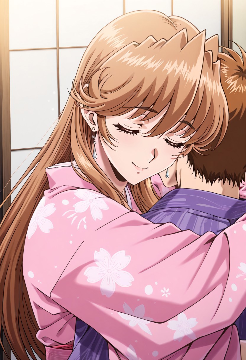 masterpiece, best quality, newest, highres, uncensored, 1girl, yokota mamoru style,motion lines,1girl,Sendou Nana,light Brown Hair, Long hair,Brown Eyes,Earrings,  1girl, solo,  closed eyes, brown hair, japanese clothes, 1boy, kimono, hug, smile, solo focus, pink kimono