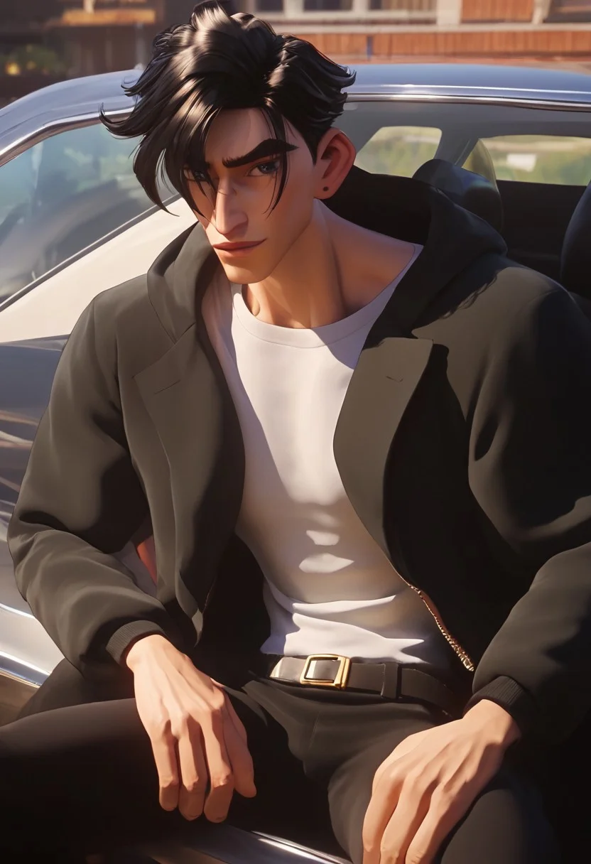 1boy, solo, male focus, toned male, black hair, messy hair, spiky hair, messy hair, satisfaction, satisfied, closed, mouth, neutral,
jacket, white shirt, black pants, belt
in a car, intense shadow, intimidating, chest close to viewer, dark light, no light, shadow, sitting in a car, sponsored costume, looking at viewer, smile
rating PG, score_9,score_8_up,score_7_up, source_anime, male focus, Muscular,
big thigh, big thigh, big chest, hung, manly, tall, detailed eyebrow, sharp eyebrows, focus on thigh, hairy thigh, thigh focus, random view