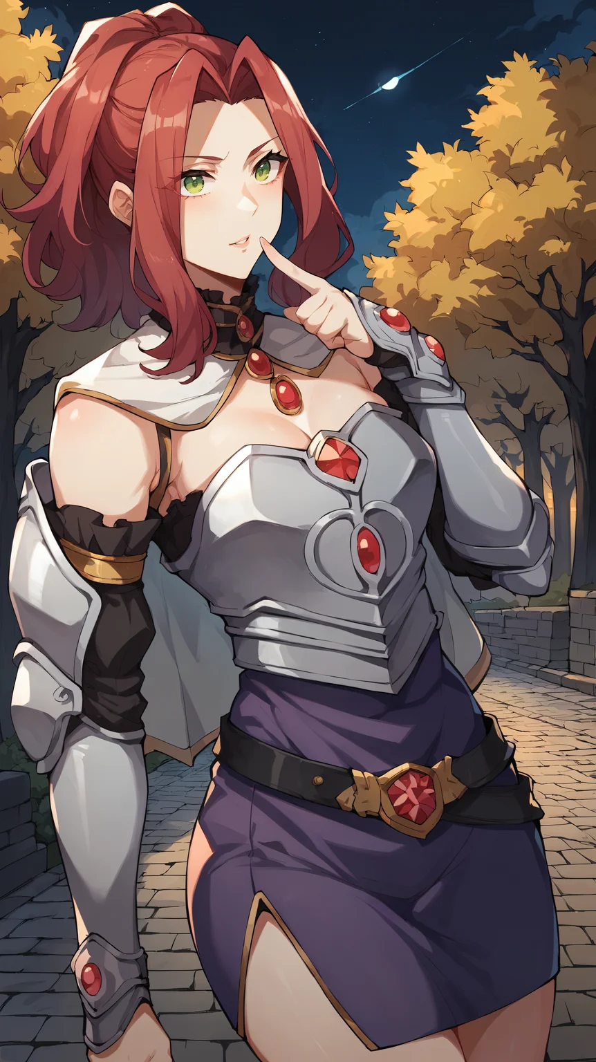 score_9,score_8_up,score_7_up,score_6_up, source_anime, zPDXL, <lora:xl_more_art-full_v1:0.5>, girl, dynamic pose, finger gun, red hair, hair up, green eyes, iron armor, breastplate, detached sleeves, white capelet, purple skirt, leather belt, arm guards, <lora:Malty - Pony-000004:0.8>, forest path, cobblestone road, large trees, night, dark, moonlight, dark clouds,