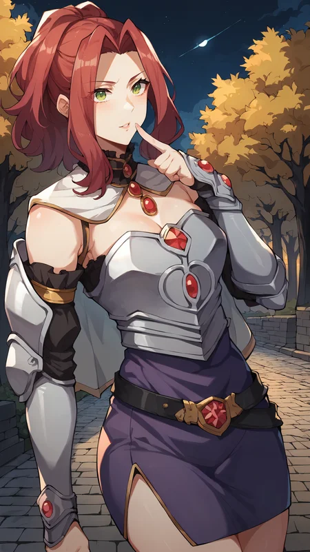score_9,score_8_up,score_7_up,score_6_up, source_anime, zPDXL, <lora:xl_more_art-full_v1:0.5>, girl, dynamic pose, finger gun, red hair, hair up, green eyes, iron armor, breastplate, detached sleeves, white capelet, purple skirt, leather belt, arm guards, <lora:Malty - Pony-000004:0.8>, forest path, cobblestone road, large trees, night, dark, moonlight, dark clouds,