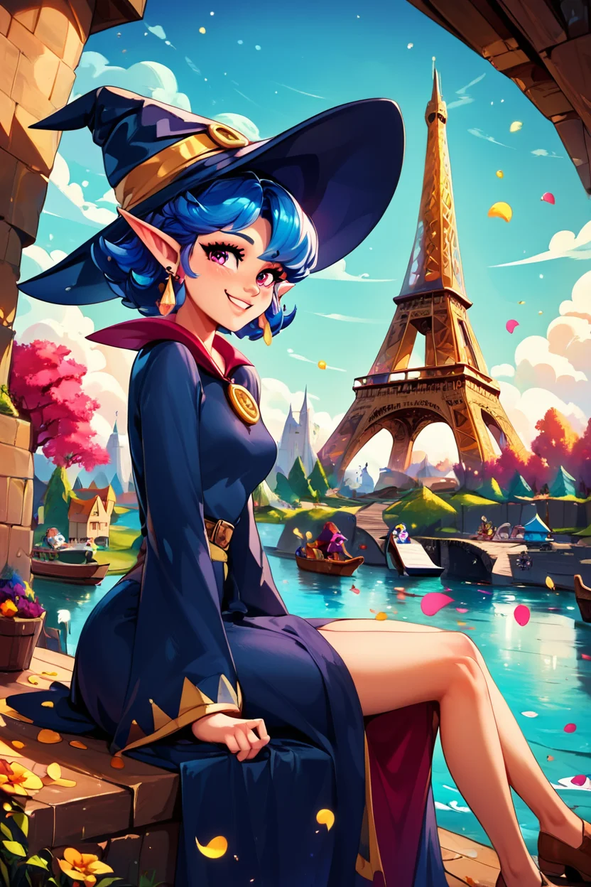 score_9, score_8_up, score_8, medium breasts, (curvy), cute, eyelashes, BREAK, , zzIrene, pointy ears, short hair, blue hair, witch hat, witch, earrings, long robe, <lora:IreneZelda_PDXL:0.8>, , BREAK, zzEiffelTower in background, sitting, watercraft, boat, sitting on wall, side view, looking at viewer, smile, ,,, BREAK, blooming stars, luminescent petals, otherworldly fragrance blurry background, ,,, embedding:zPDXL, Expressiveh, ,,, <lora:EiffelTowerPDXL:0.8>, <lora:CatalystStylePDXL:0.6>, <lora:SDXLFaeTastic2400:0.5>, <lora:Expressive_H-000001:0.4>,