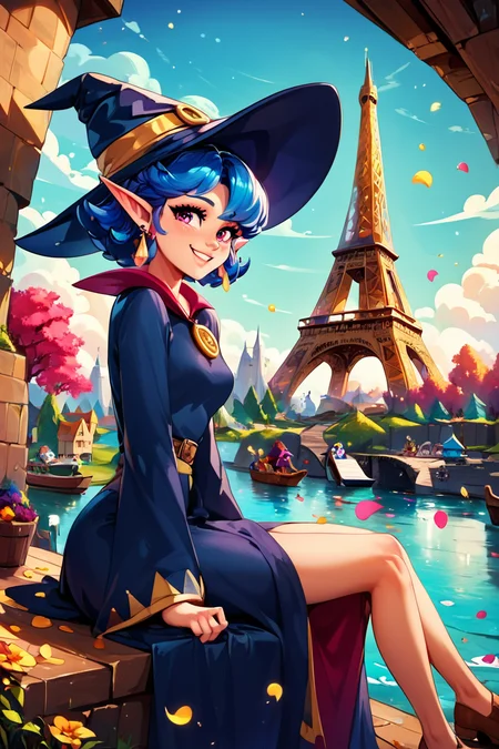 score_9, score_8_up, score_8, medium breasts, (curvy), cute, eyelashes, BREAK, , zzIrene, pointy ears, short hair, blue hair, witch hat, witch, earrings, long robe, <lora:IreneZelda_PDXL:0.8>, , BREAK, zzEiffelTower in background, sitting, watercraft, boat, sitting on wall, side view, looking at viewer, smile, ,,, BREAK, blooming stars, luminescent petals, otherworldly fragrance blurry background, ,,, embedding:zPDXL, Expressiveh, ,,, <lora:EiffelTowerPDXL:0.8>, <lora:CatalystStylePDXL:0.6>, <lora:SDXLFaeTastic2400:0.5>, <lora:Expressive_H-000001:0.4>,