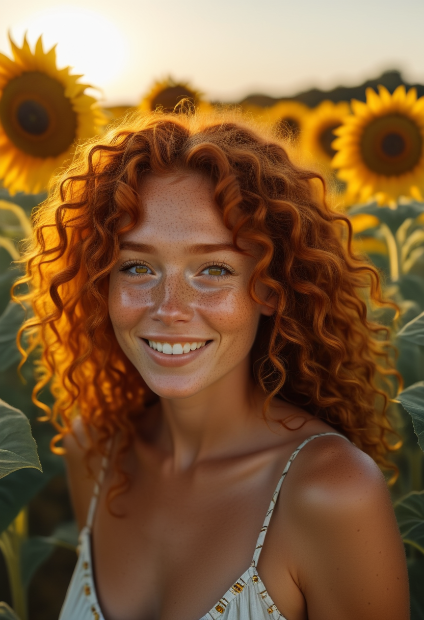 2d, A portrait of a model with thick, curly red hair, her freckled face glowing with warmth. Sheâs standing in a field of sunflowers, her amber eyes filled with joy as she basks in the golden light of the late afternoon sun., highly detailed, Tribal, cinematic lighting, Olive, sad atmosphere <lora:usual-portrait-v2:1>