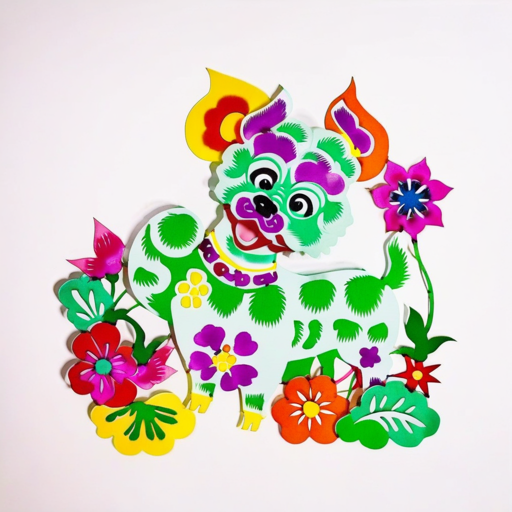 an image of  colorful dog,flowers,grass, solid white  background,SP_CN_PPC,paper cutting<lora:0204_paper_cutting-checkpoint-5000:1.0>