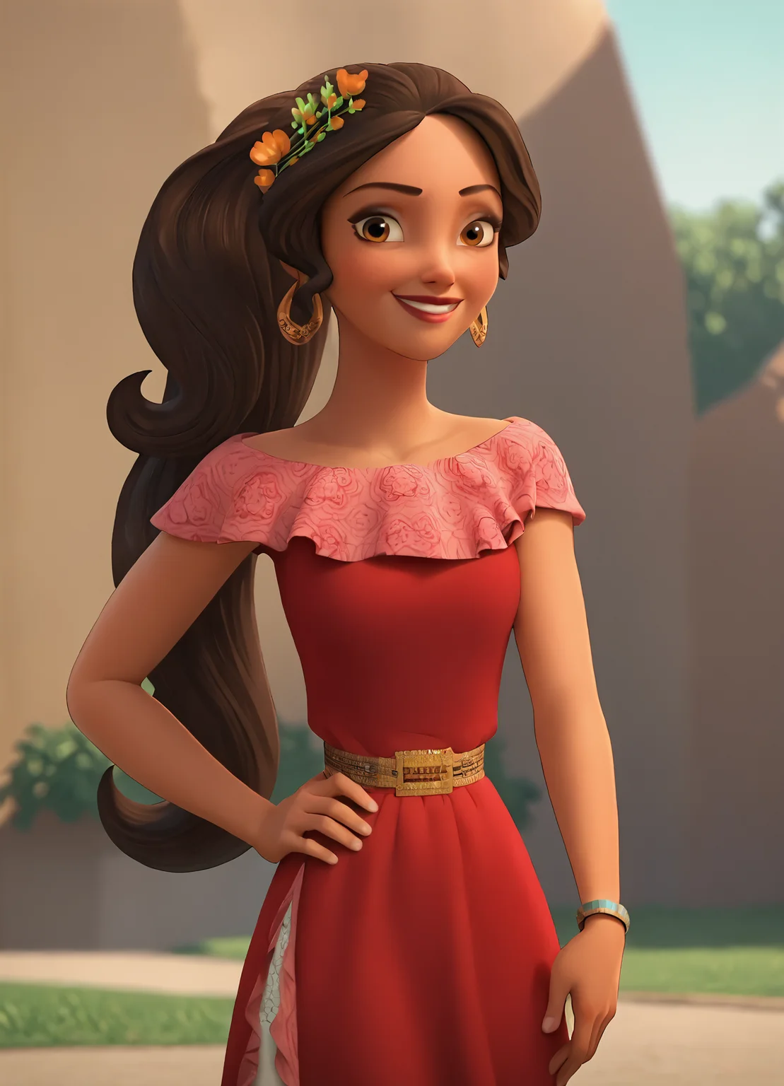 <lora:ElenaPony1.0:0.9>1girl, brown hair, solo, long hair, hoop earrings, hair flower, brown eyes, lips, smile, makeup, bracelet, ponytail, score_9, score_8_up, score_7_up, score_6_up, score_5_up, score_4_up, looking at viewer, hand on own hip, cowboy shot,red dress, outdoors,