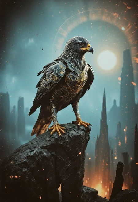 Monochrome with color, retro scan of spectral starbursts, gradient hues of azure and amber.
A desolate sky fortress, its colossal arches crumbling into the void, bathed in the fading light of a shattered sun. Dust and flickering embers float through the air, creating a grainy, ethereal atmosphere.
Standing amid the ruins is an anthropomorphic falcon guardian, a majestic fusion of sleek metallic feathers and ancient organic remnants. Its wings, partially folded, shimmer with intricate golden filigree and emit faint pulses of cerulean light. The falcon's sharp, mechanical eyes flicker with intelligence, scanning the horizon with a cold, unyielding gaze.
Clutched in one talon is a spear of starlight, its shaft engraved with glowing runes that pulse faintly in sync with the falcon’s mechanical heart. The fragments of its armor, adorned with faint cosmic motifs, are scorched yet radiant, hinting at battles fought across time and space. Around it, swirling motes of stardust form ghostly trails, as if reality bends to its presence.
The fortress echoes with the haunting sound of distant winds, while the falcon stands resolute, a sentinel watching over a forgotten world. Its presence exudes a quiet, unwavering power—a relic of a celestial age, waiting for the return of the stars.