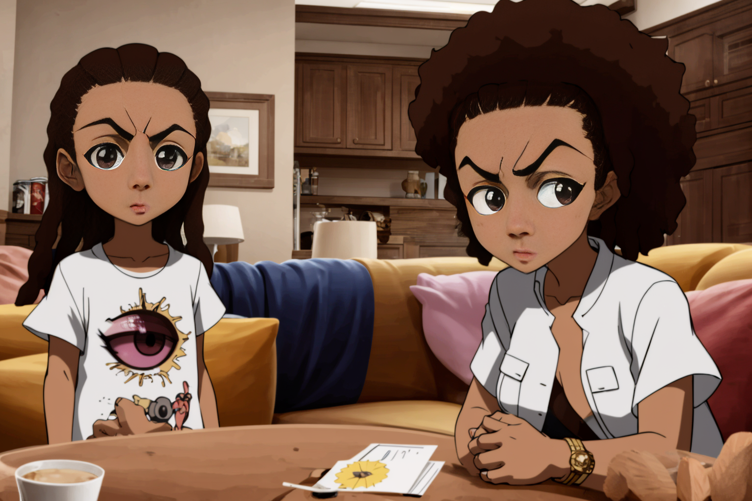 a woman and a man sitting in a couch in the living room, well draw eyes and eye pupil , EdobBoondocksArtStyle  <lora:EdobBoondocksArtStyle_v1.0:0.8>