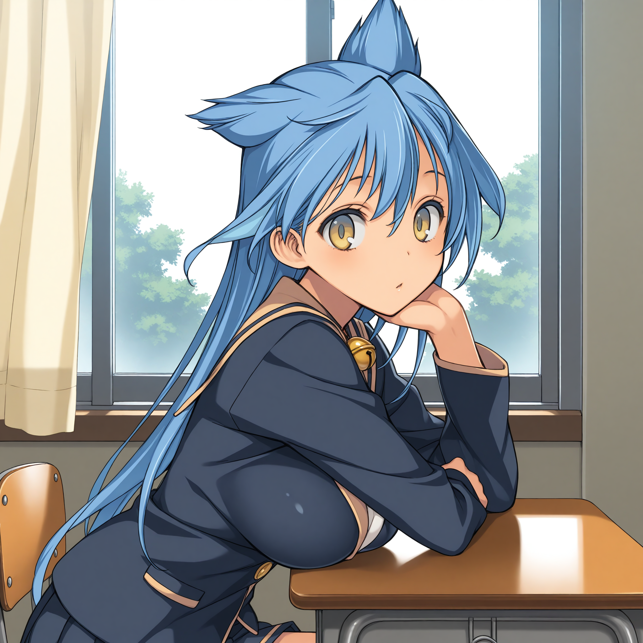 <lora:Suzume_1_nai:1>,Suzume,large breasts,animal ears,
school uniform,neck bell,
1girl,solo,looking at viewer,sitting,from side,arm support,on chair,desk,indoors,window,curtains,day,arm on table,