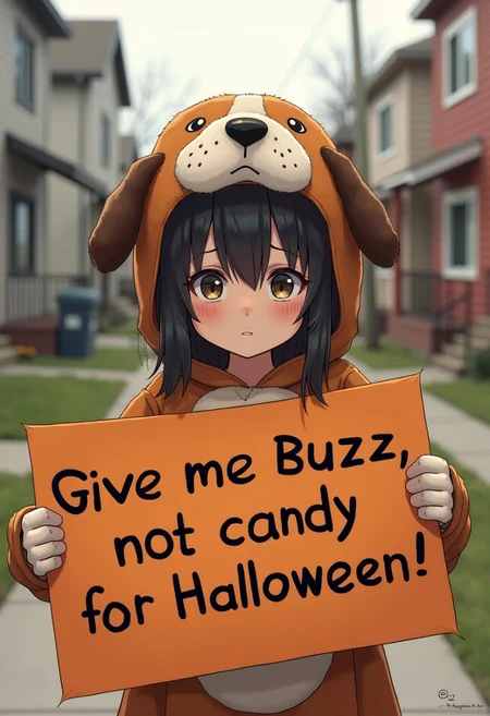 houses in background, very cute little girl, sad girl, (((kawai))), bandaged hands, messy hair, dog costume, holding a sign that says "Give me Buzz, not candy for Halloween!"