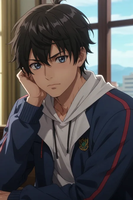 score_9, score_8_up, score_7_up,score_6_up,score_5_up,score_4_up,source_anime,BREAK, rating_safe, intricate details, , anime screencap, anime coloring, official style, depth of field,1boy, solo, male focus, , ,<lora:Lu_Shu:0.88>,lu shu,blue-gray eyes,black hair,short hair,hair between eyes,long sleeves,closed mouth,jacket,hood,window,hoodie,head rest,upper body , , , <lora:sdxl_lightning_8step_lora_315544:1>
